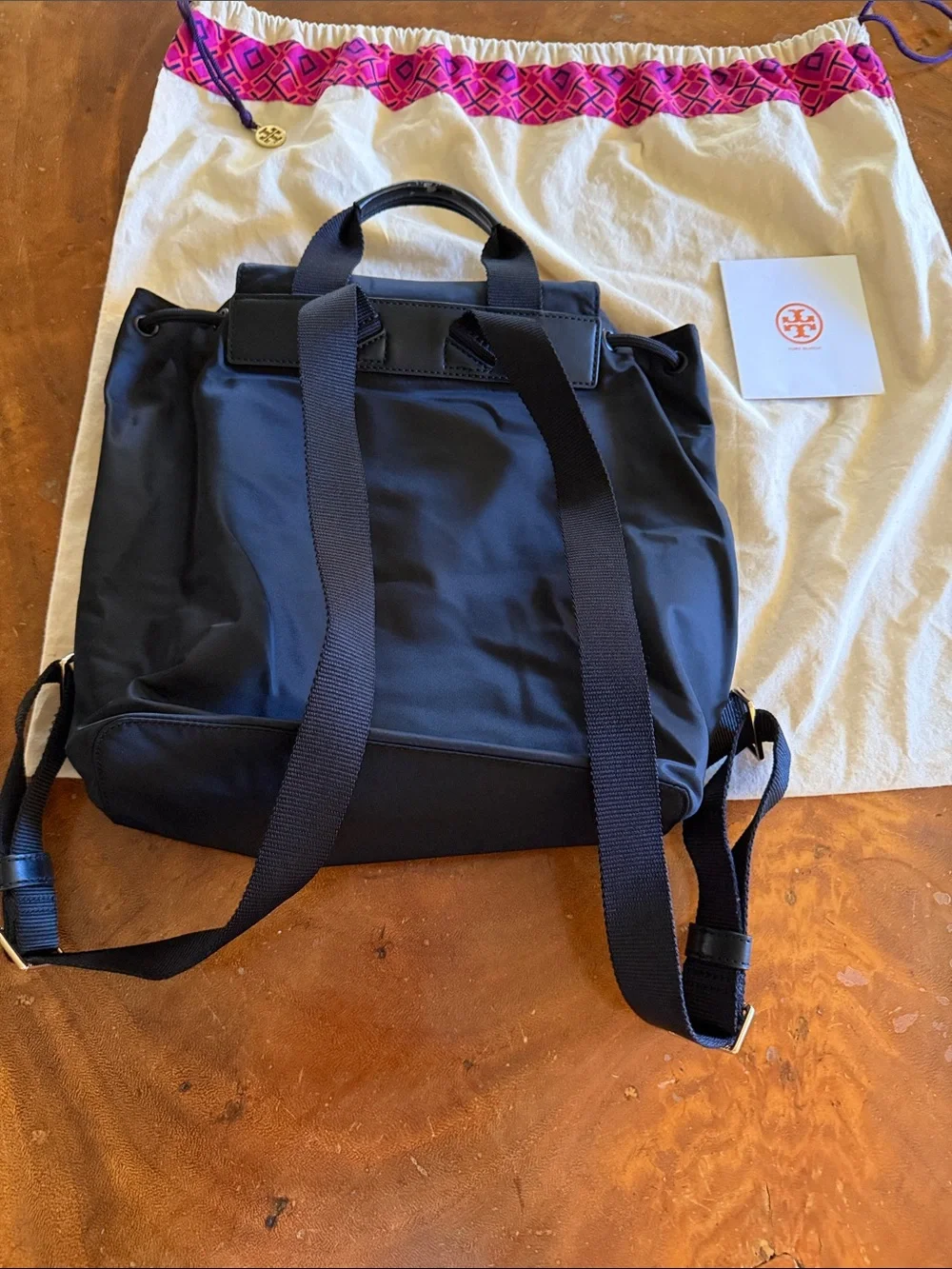 Tory Burch Black Nylon Drawstring Backpack with Front Buckle Pockets